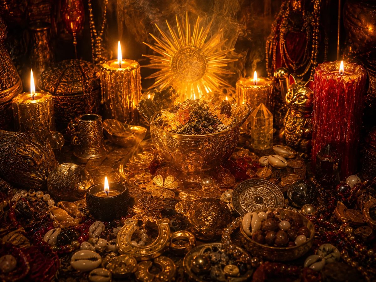 Altar for good fortune: a golden sun, coins and crystals by candlelight