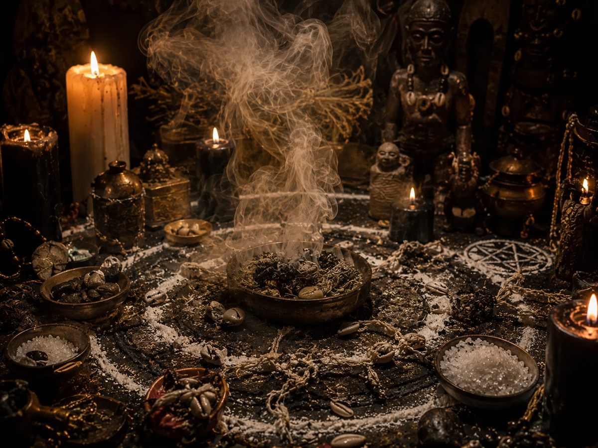 Curse-removal ritual: a smoking brazier surrounded by salt and crystals