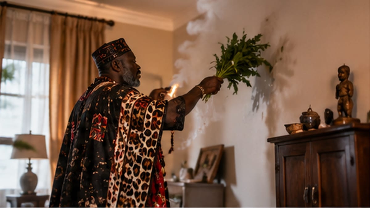 Purifying the walls with a smoking bunch of herbs