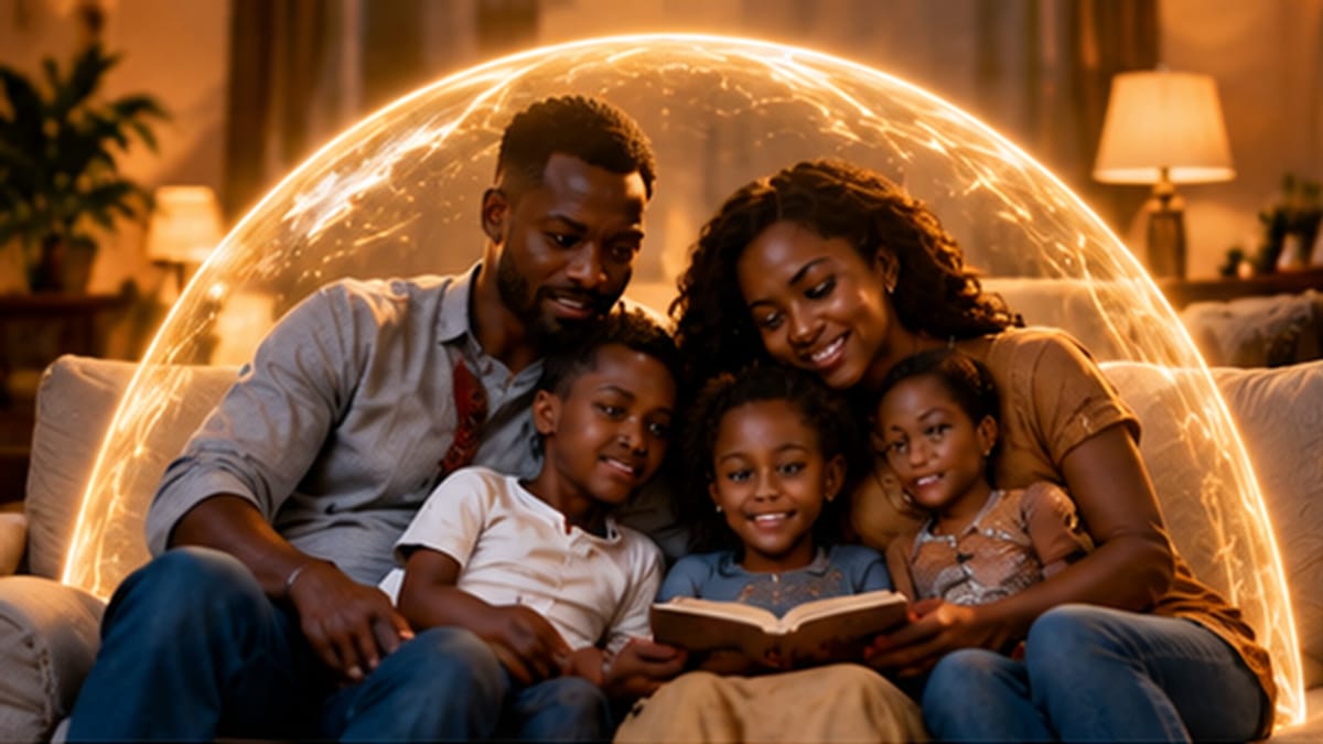 A family together on a sofa under a protective dome of light