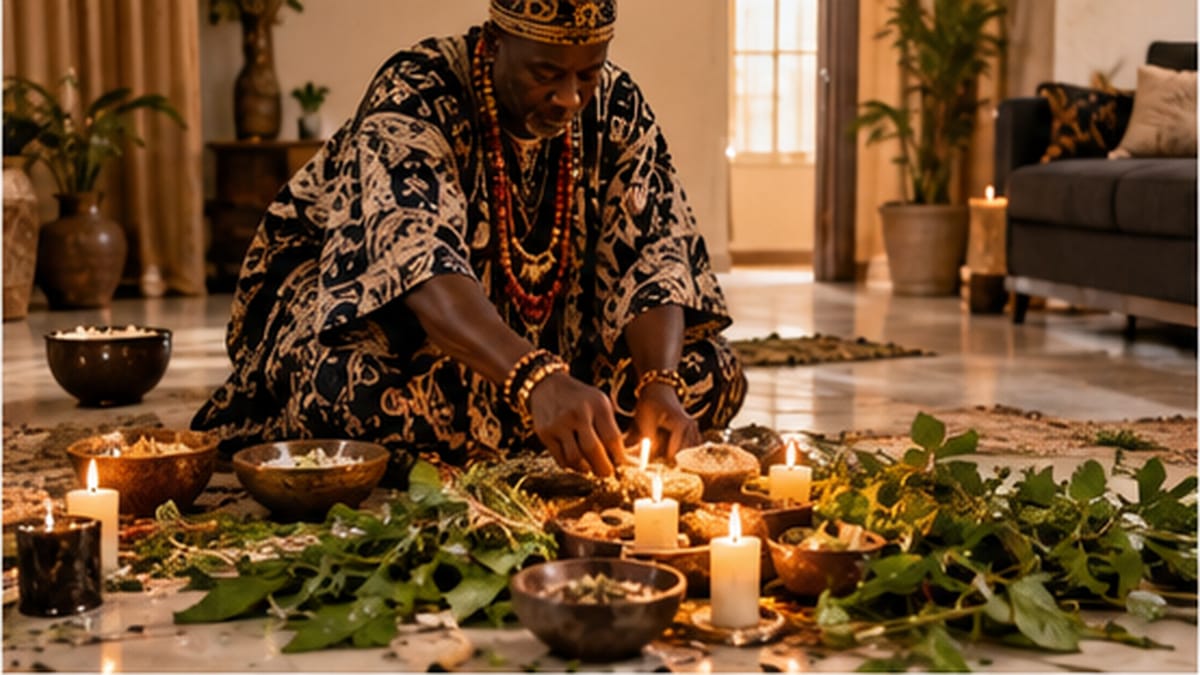 A marabout laying out candles and herbs in a circle on the floor
