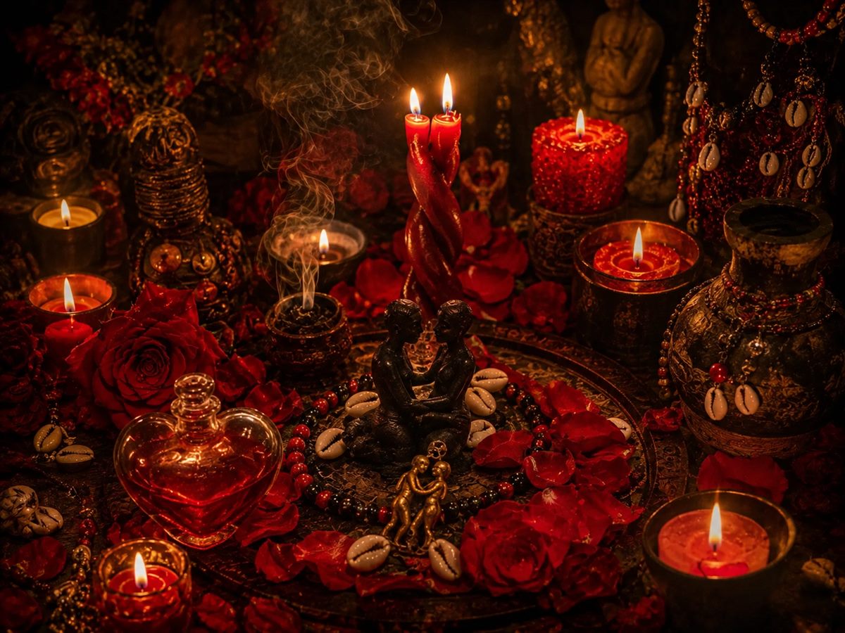 Altar for the return of a loved one: red candles, roses and a heart-shaped bottle