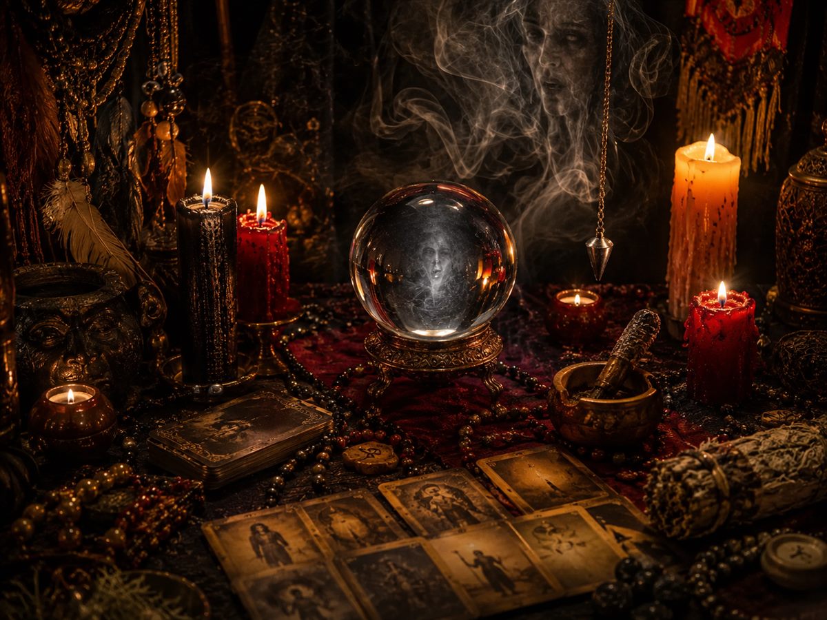 Crystal ball and pendulum on a clairvoyant's table